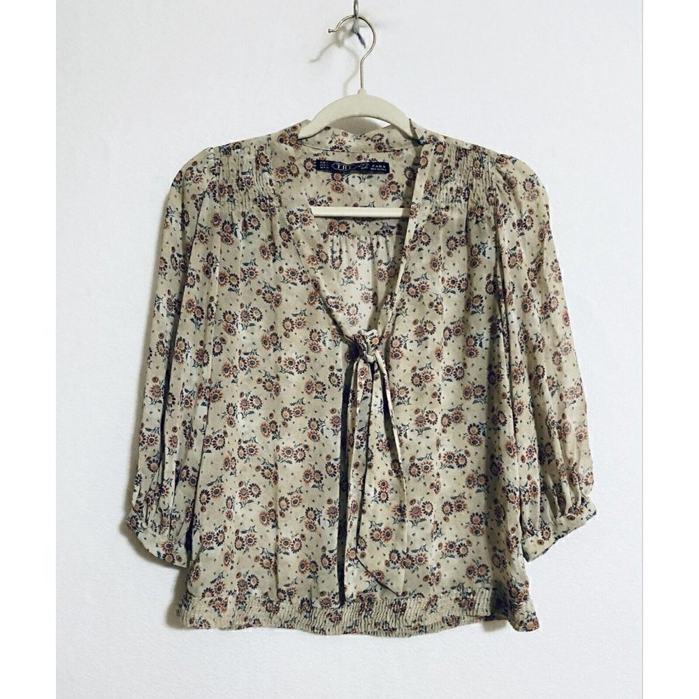 Zara Womens Small 3/4 Sleeve Sheer Floral Top Tie Neck Beige Cottagecore Boho